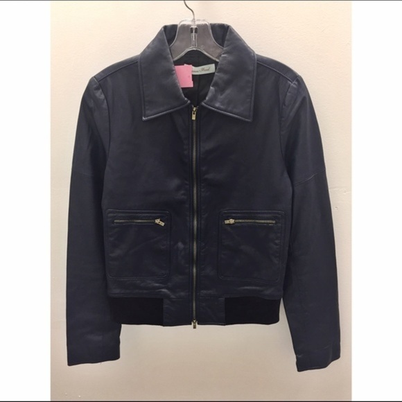 Geren Ford Navy Leather/Silk Bomber Jacket - Picture 2 of 5